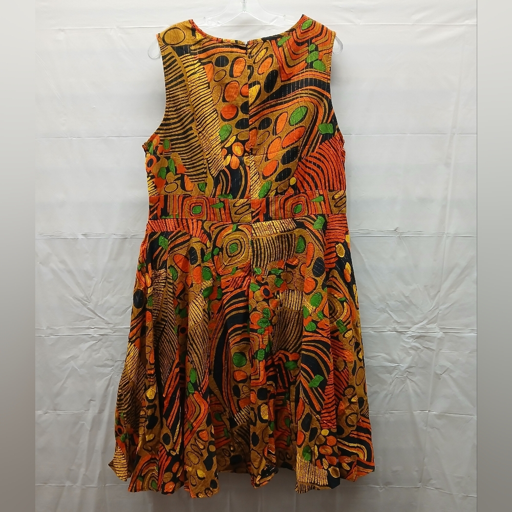 Ashro Colorful Abstract Fit Flare Dress A-line Short Sleeve Orange Gold Blk 14